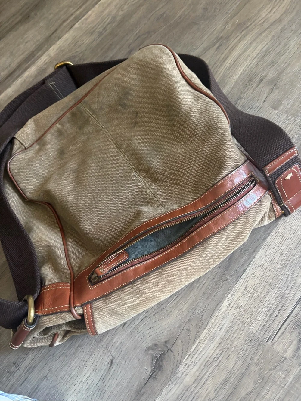 Fossil Tan Canvas & Brown Leather Messenger Bag